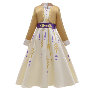 Beige Anna Snow Queen-klänning med långa ärmar och lila bälte