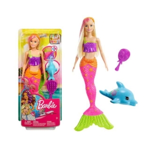 Barbie Dreamtopia sjöjungfru för flickor, i en låda med en spegel och en liten blå delfin.