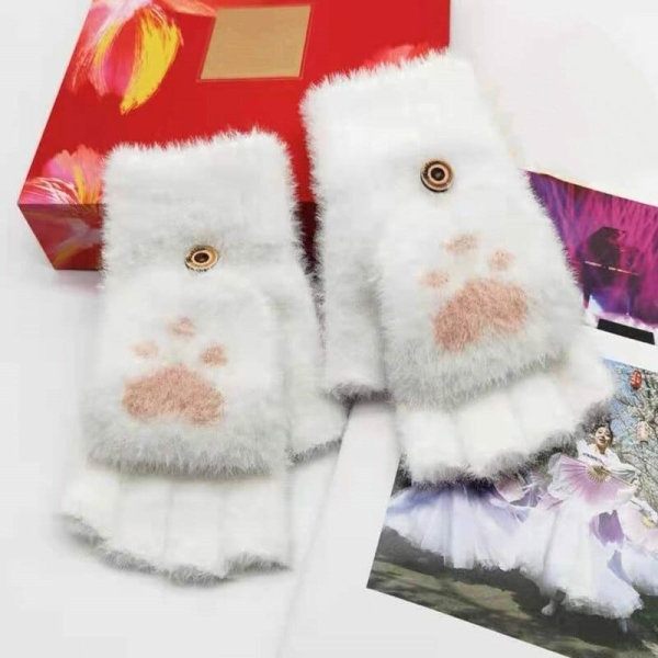Handskar för flickor med kattens tass handskar for flickor med kattens tass vit