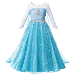 Blå Snow Queen-prinsessklänning med långa ärmar och paljettdetaljer
