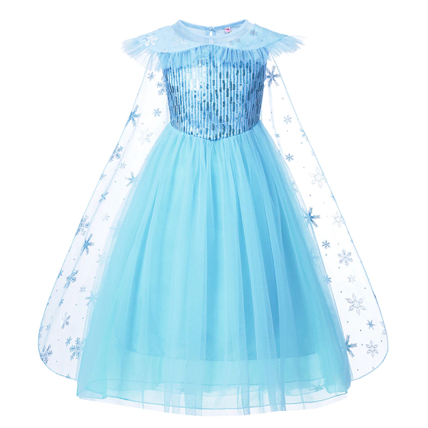 Blå klänning med Snödrottningens prinsesskappa för liten flicka med vit bakgrund