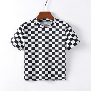 Svartvit kortärmad T-shirt med rektangelmönster för flickor