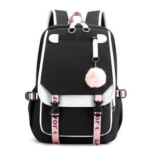 Trendig svart, vit och rosa ryggsäck med nyckelring för flickor