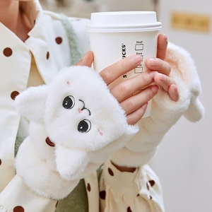 Varma och mjuka vita och bruna handskar för flickor med kattmotiv
