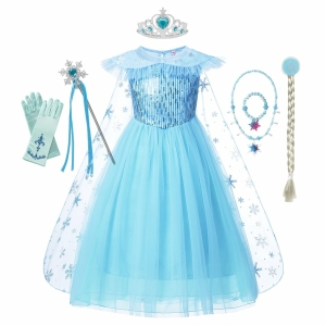 Snödrottningen Princess Elsa-klänning för flickor med kompletta tillbehör