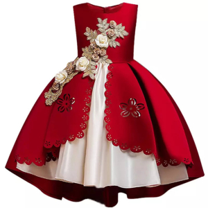 Rödvit prinsessklänning med broderade blommor för flickor