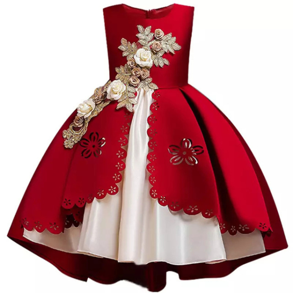 Rödvit prinsessklänning med broderade blommor för flickor