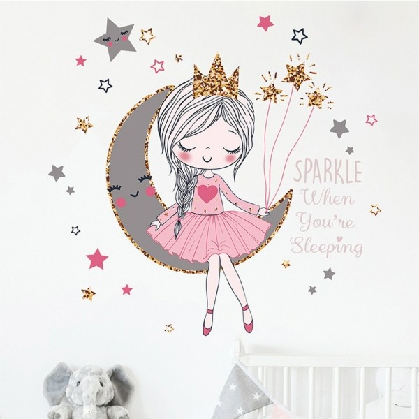 Princess on the moon väggklistermärke för flickor med barnkammarbakgrund