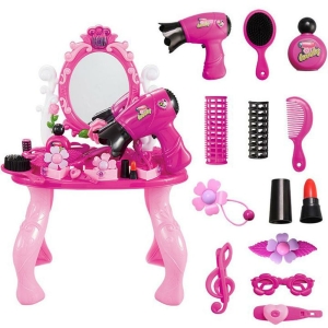 Påklädningsbord med spegel för flickor i flera rosa nyanser, med alla tillbehör som visas och listas på höger sida