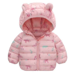 Dunjacka med huva och björnöron för små flickor, rosa färger, mycket bekväm.