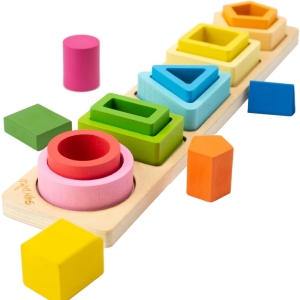 Montessori-leksaker i trä för barn, färgade mot vit bakgrund