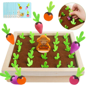 Montessorispel med 24 morötter i trä för små flickor med morötter och kort mot en vit bakgrund