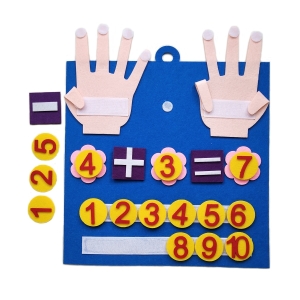 Lär dig räkna tavla med 2 händer för att sänka fingrarna, blå, 2 händer på toppen med plus- och minustecken med röda siffror på en gul bakgrund.