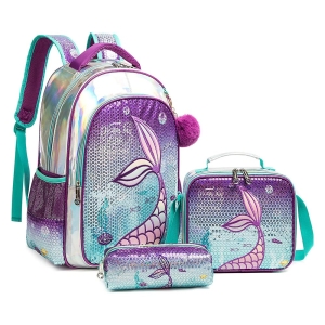 Sjöjungfru-ryggsäck med lunchlåda och pennskrin för flickor