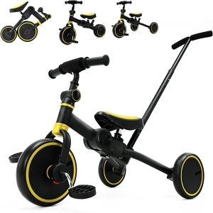 Svart och gul trehjuling i profil, med 3 miniatyrer av denna trehjuling i olika positioner ovanför