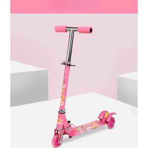Rosa justerbar 3-hjulig sparkcykel för flickor med rosa bakgrund och vita block