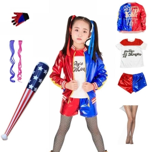 Harley Quinn Squad Monster utklädnad för flickor, blå, vit, röd med kompletta tillbehör.