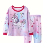 Mångfärgad lila pyjamas med hjärt- och enhörningsmotiv, med långärmad t-shirt och byxor