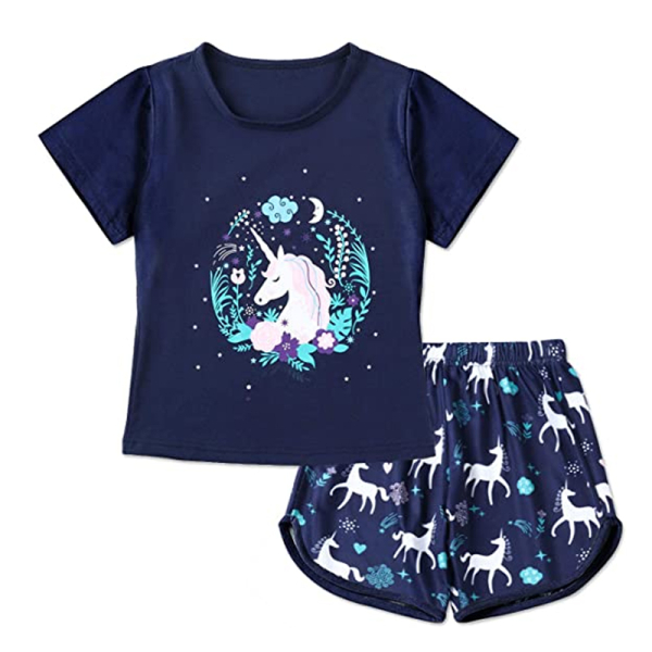 Mörkblå enhörningspyjamas med t-shirt och shorts med tryck