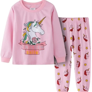 Pyjamas med rosa enhörningsmönster, långärmad t-shirt och byxor