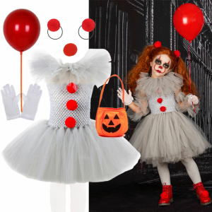 Skrämmande Clown Halloween-förklädnad för flickor med en bakgrund av en flicka som bär förklädnaden