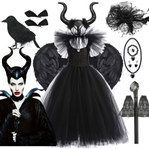 Maleficent-utklädnad i svart tyll för flickor med vit bakgrund och bild av Maleficent bredvid