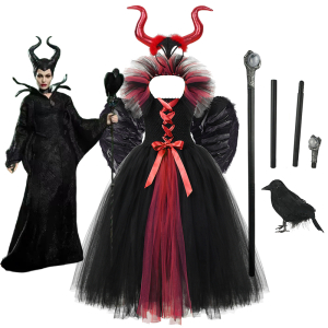 Röd och svart Maleficent-utklädnad för flickor med vit bakgrund och en bild av Maleficent från Disney