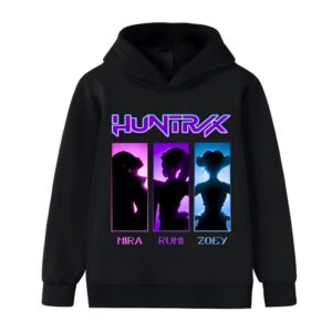 K-pop Demon Hunters Mira-tröja för flickor med färgglatt Huntrix-motiv. Tröjan är svart, motivet föreställer tre silhuetter av huvudkaraktärerna i en färgglad ram. Ordet HUNTRIX är skrivet stort ovanför. På vit bakgrund.