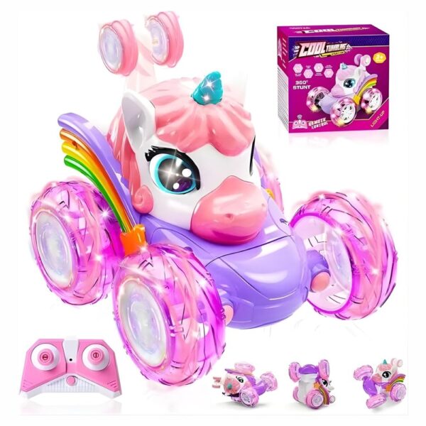 Voiture LED télécommandée pour fille avec ses accessoires sur fond blanc